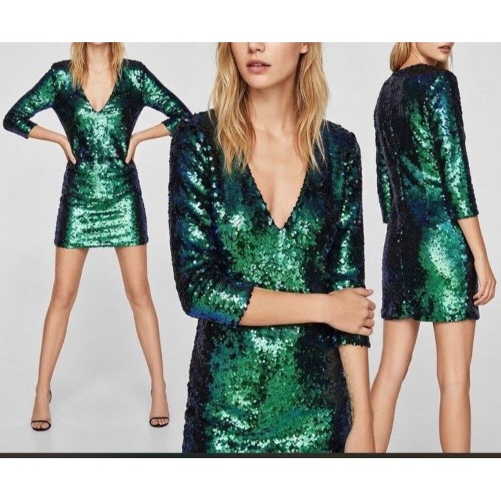 Zara Basic Green Blue Peacock Sequin Cocktail Mini Dress Sz M V-Neck Sparkle